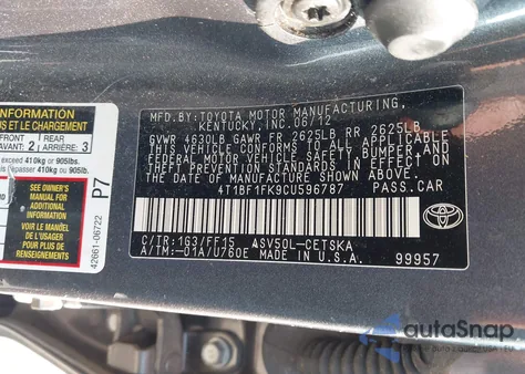 2012 Toyota Camry Se z USA, uszkodzony, nr VIN 4T1BF1FK9CU596787
